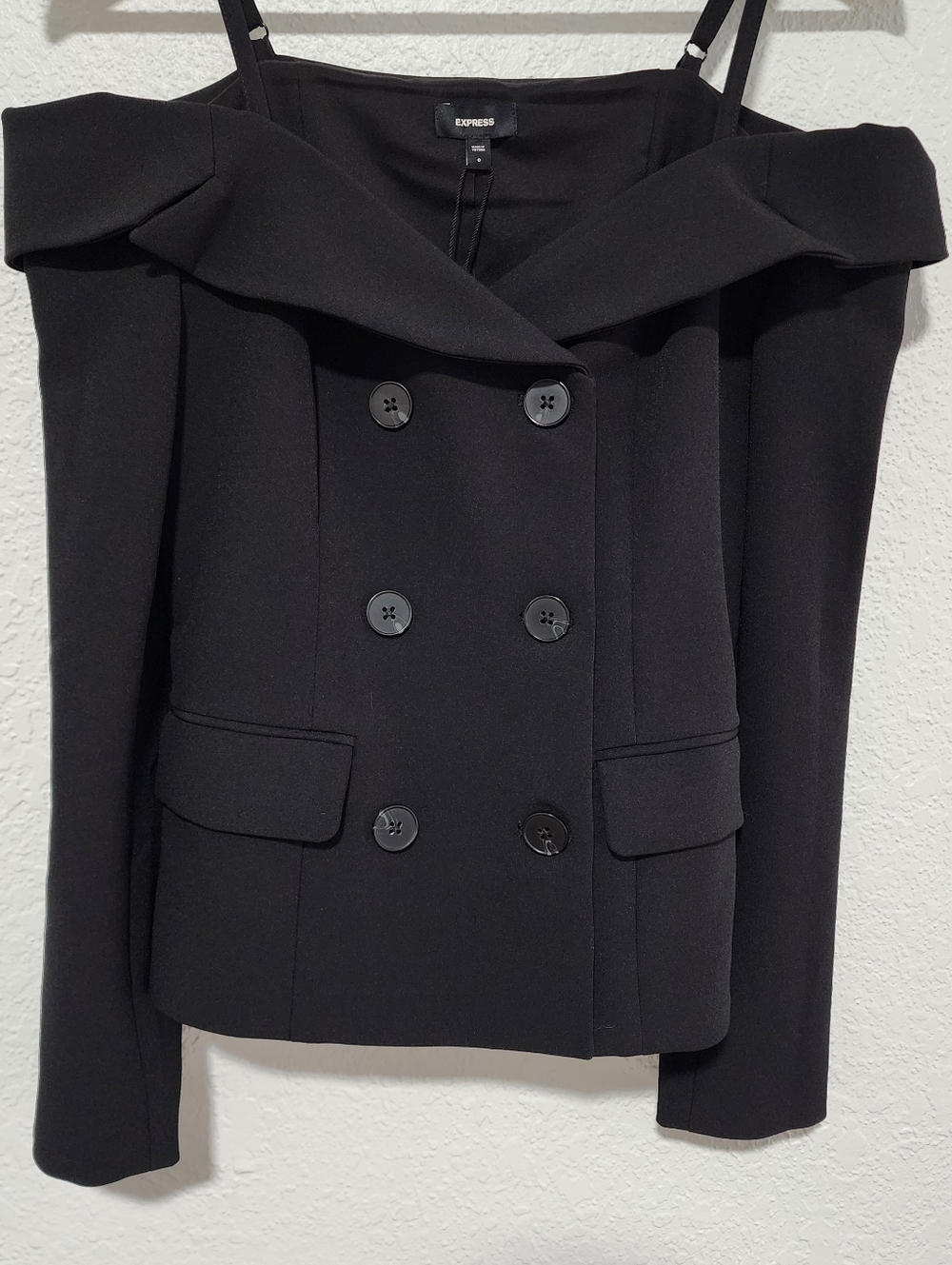 Express Off The Shoulder Double Breast Blazer Black Size 0 (XS) Edgy Professiona - Picture 5 of 11